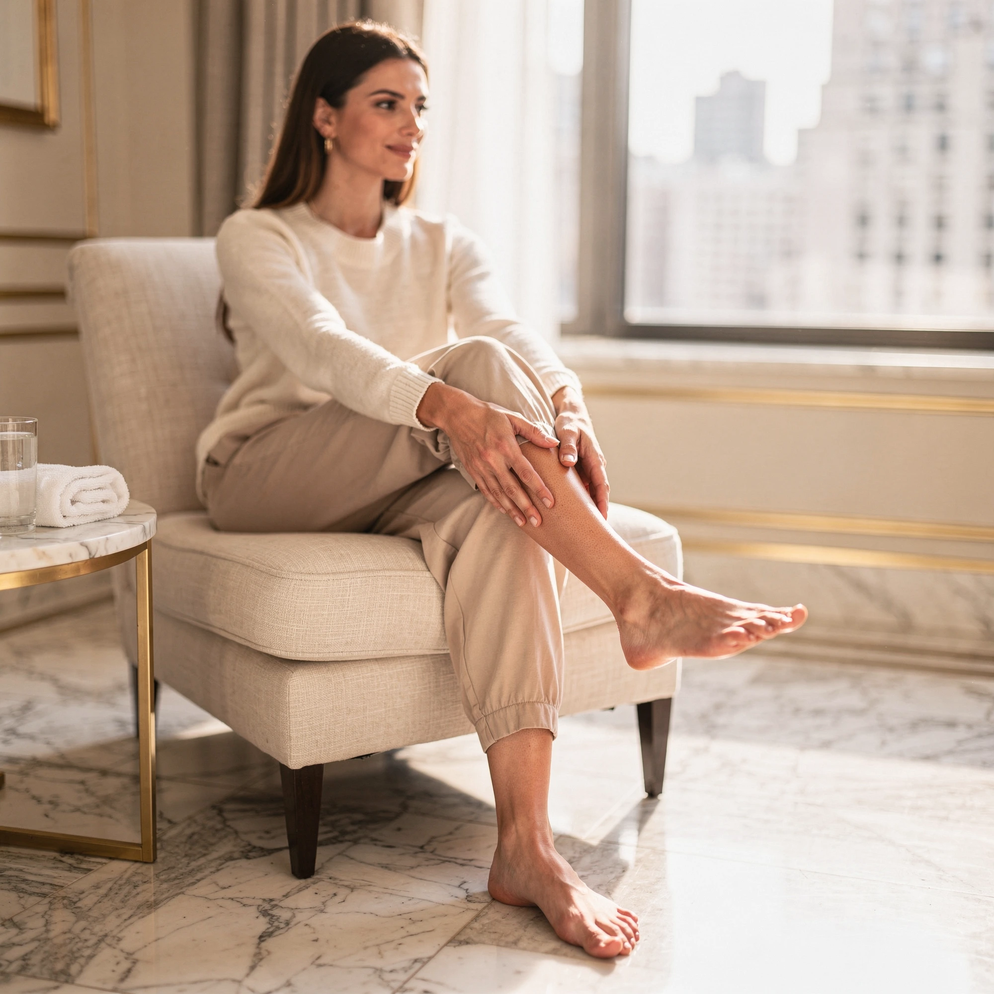 Woman seated in an upholstered chair examining her foot with Park Avenue skyline visible through the window behind her